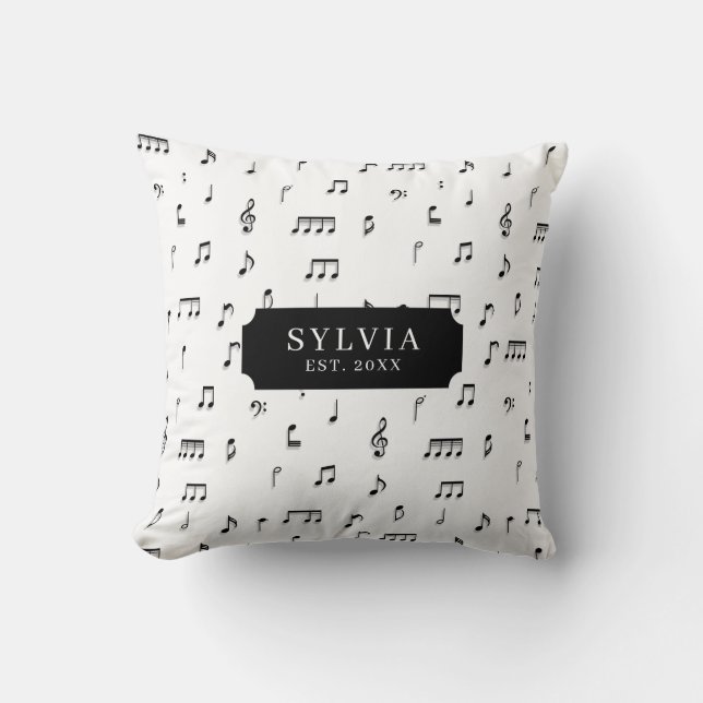 Black & White Musical Notes Symbol Pattern Name Cushion (Front)