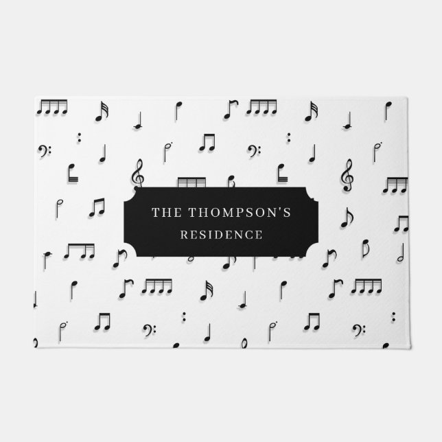 Black & White Musical Notes Symbol Pattern Name Doormat (Front)
