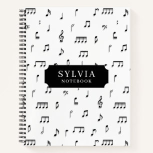 Black & White Musical Notes Symbol Pattern Name Notebook