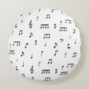 Black & White Musical Notes Symbol Pattern Round Cushion