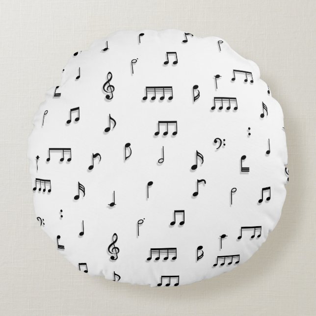 Black & White Musical Notes Symbol Pattern Round Cushion (Front)