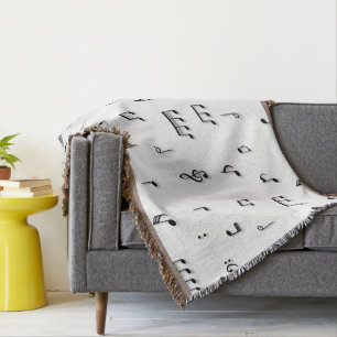 Black & White Musical Notes Symbol Pattern Throw Blanket