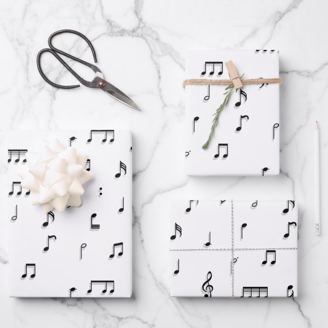 Black & White Musical Notes Symbol Pattern Wrapping Paper Sheet (Front)