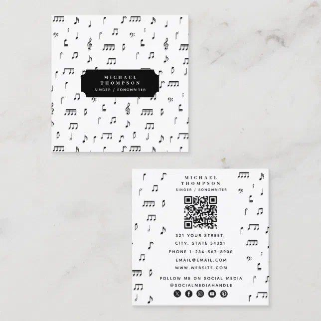 Black & White Musical Notes Symbol QR Code Square Business Card | Zazzle