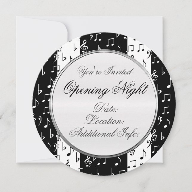 Black & White Musical Stripes Round Invitation 2 (Front)