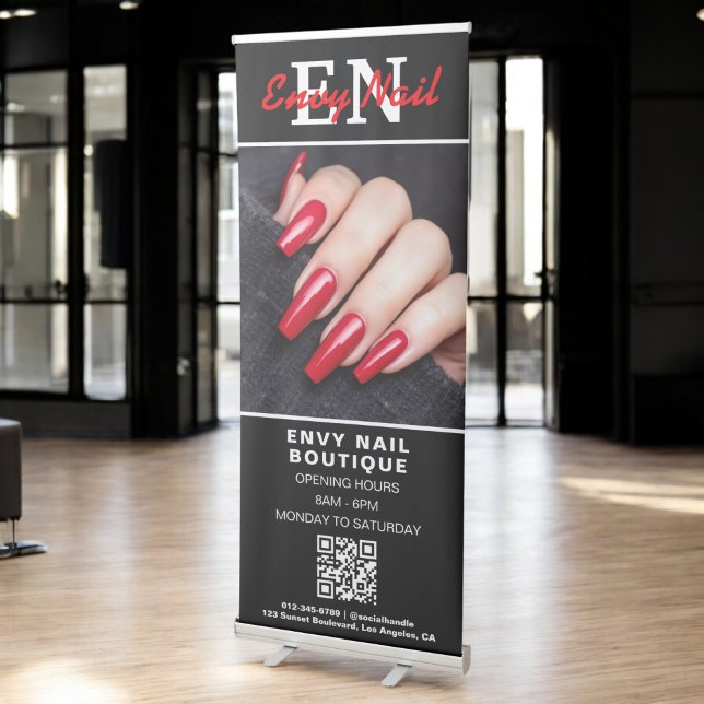 Black White Nail Salon QR Code Photo Monogram Retractable Banner (Creator Uploaded)