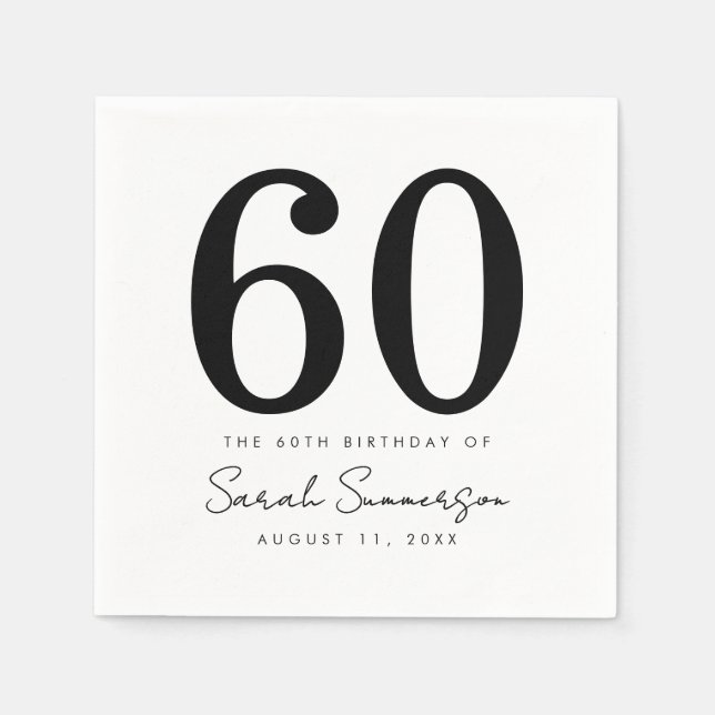 Black White Name Date Sixty 60th Birthday Party Napkin (Front)