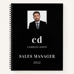 Black white name initials photo business notebook