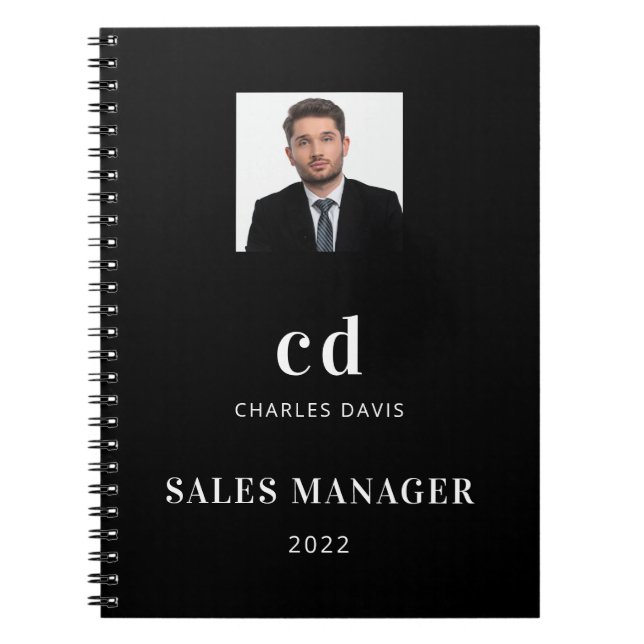 Black white name initials photo business notebook (Front)