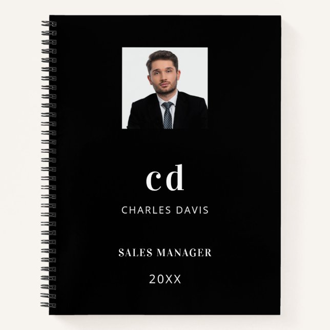 Black white name initials photo business notebook (Front)