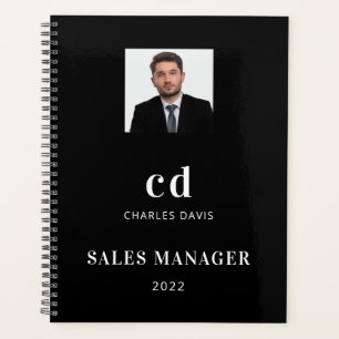 Black white name initials photo business planner