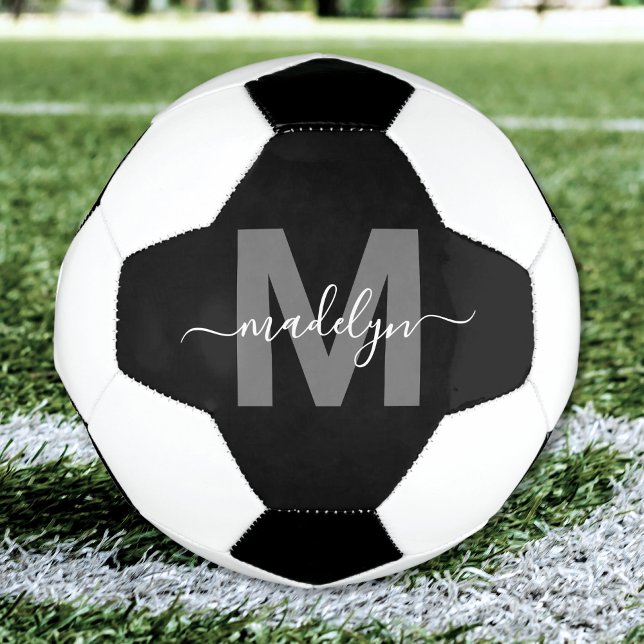 Black White Name Monogram Football (Black White Name Monogram Soccer Ball )