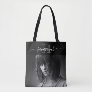 Black white name monogram initial script photo tote bag