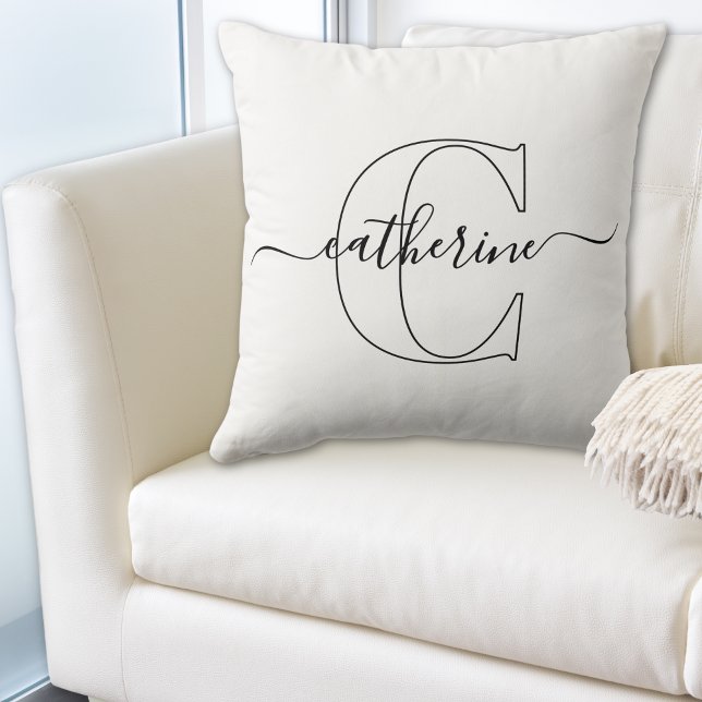 Black White Name Monogram Modern Script Minimalist Cushion (Custom First Initial Name Minimalist Black Script Throw Pillow)