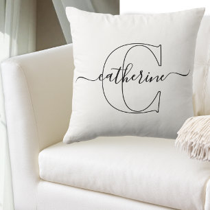 Black White Name Monogram Modern Script Minimalist Cushion