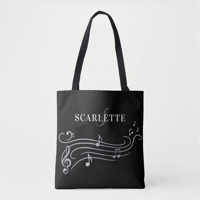 Black & White Name & Monogram Piano Music Notes Tote Bag (Front)
