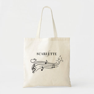 Black & White Name & Monogram Piano Music Notes Tote Bag