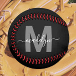 Black White Name Monogram Softball<br><div class="desc">Create Your Own Custom Black Softball Name Monogram Design. This design features a classic softball graphic set against a bold black background. A grey initial is paired with your name in clean white script for a sporty and modern look. All colours (aside from the red stitching)can be customised to match...</div>