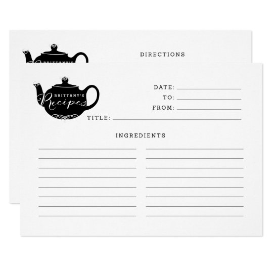 Black & White Name Monogram Tea Pot Recipe Card
