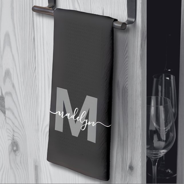 Black White Name Monogram Tea Towel (Black White Name Monogram kitchen towel)