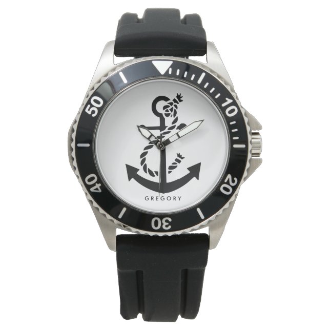Black & White Nautical Boat Anchor Illustration Watch (Front)