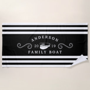 Black & White Nautical Family Boat Boating Captain Beach Towel
