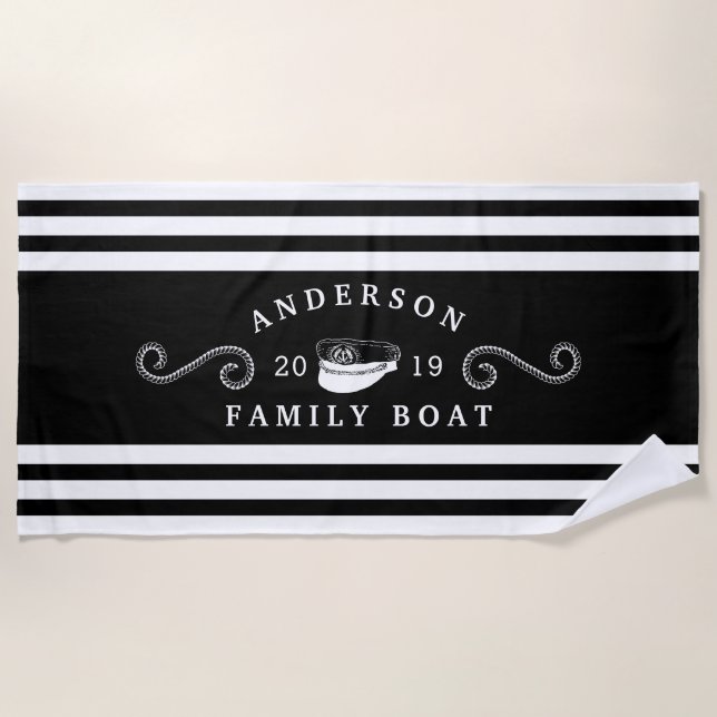 Black & White Nautical Family Boat Boating Captain Beach Towel (Front)