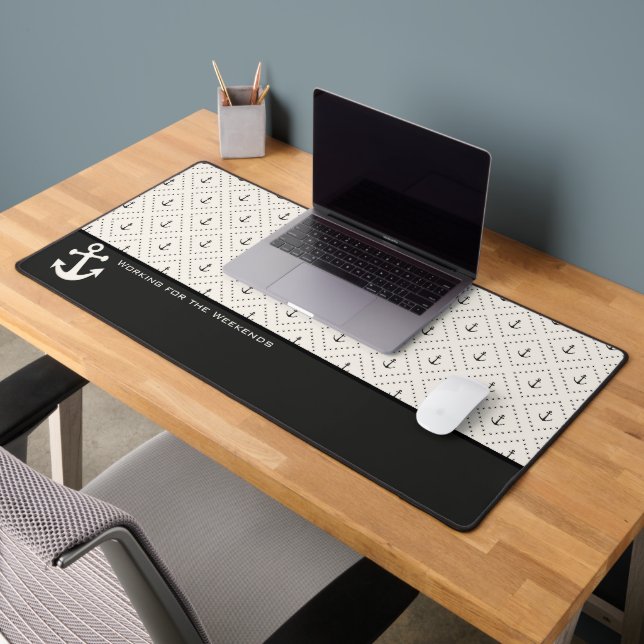 Black White Nautical Pattern with Anchor Desk Mat (Office 2)