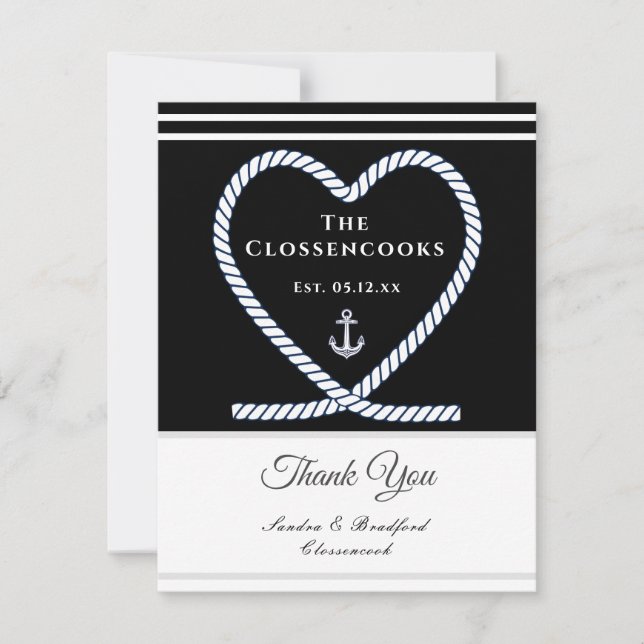 Black White Nautical rope Heart Anchor Wedding Thank You Card (Front)