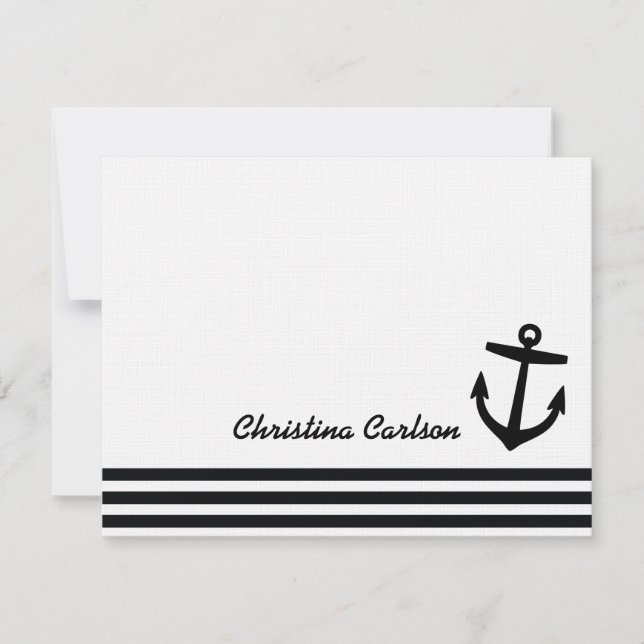 Black & White Nautical Stripes & Anchor Stationery Note Card (Front)