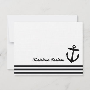 Black & White Nautical Stripes & Anchor Stationery Note Card