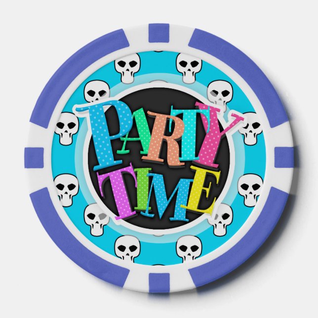 Black, White, Neon Blue Skulls Pattern Poker Chips (Front)