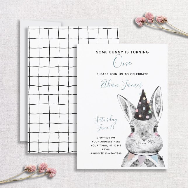 Black & White Neutral Some Bunny is One Birthday Invitation (Creator Uploaded)