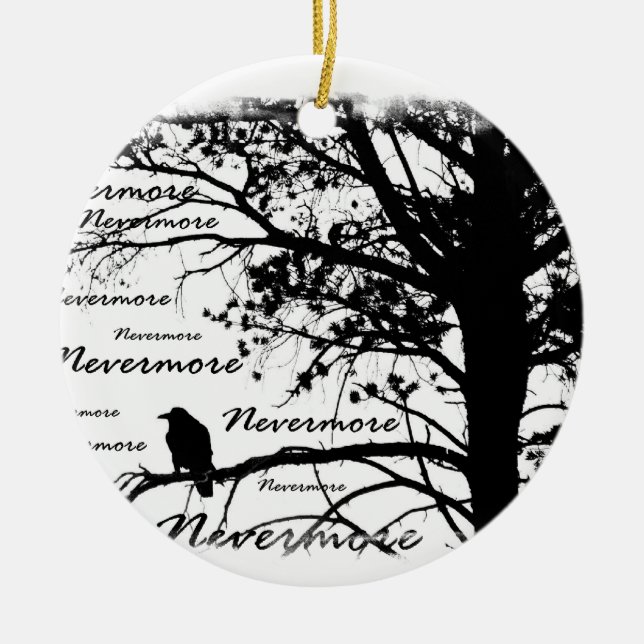 Black & White Nevermore Raven Silhouette Ceramic Tree Decoration (Front)