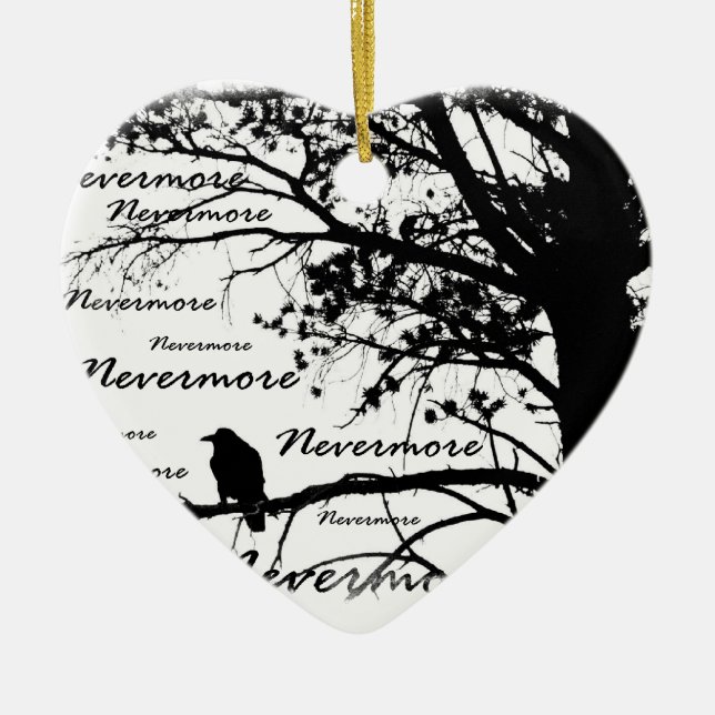 Black & White Nevermore Raven Silhouette Ceramic Tree Decoration (Front)