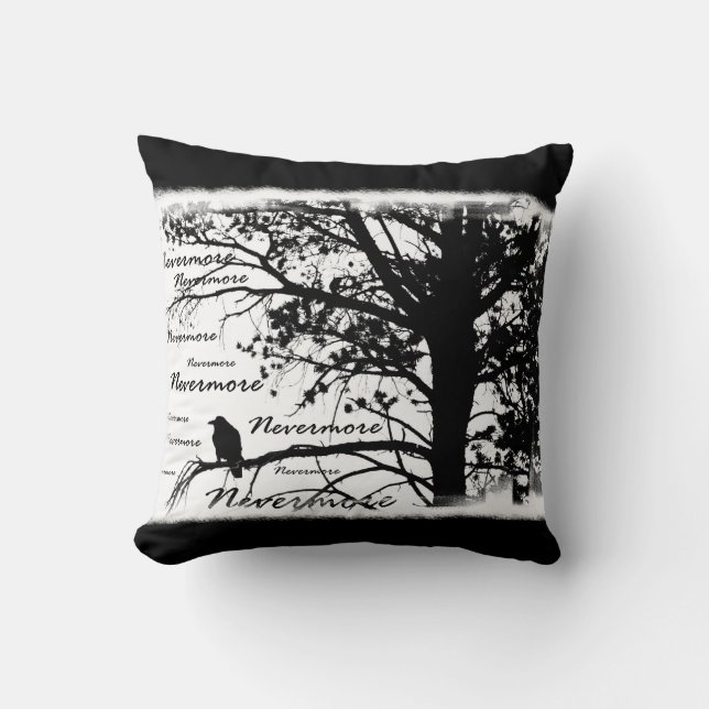 Black & White Nevermore Raven Silhouette Cushion (Front)