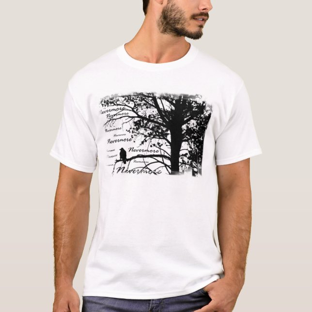 Black & White Nevermore Raven Silhouette Tree T-Shirt (Front)