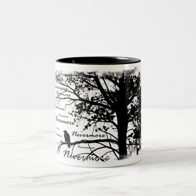 Black & White Nevermore Raven Silhouette Tree Two-Tone Coffee Mug (Center)