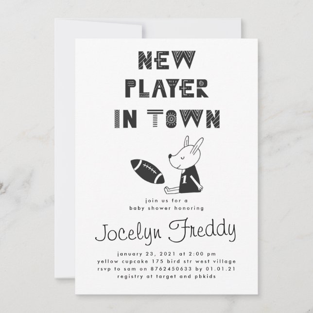 Black & White New Player In Town Boy Baby Shower Invitation (Front)
