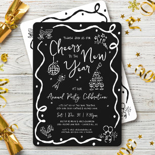 Black White New Year Cheer Hand Drawn Sketch Party Invitation