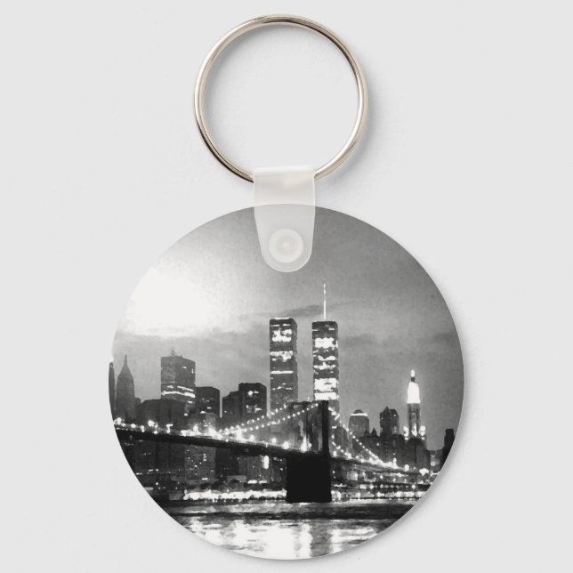 Black & White New York City at Night Key Ring (Front)