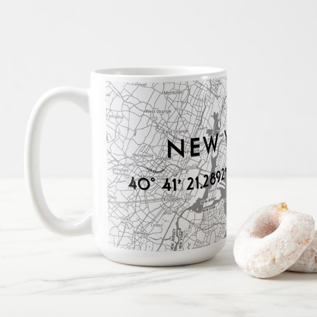 Black & White New York City Map Custom Coordinates Coffee Mug (With Donut)