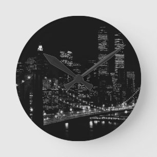 Black & White New York City Night Round Clock