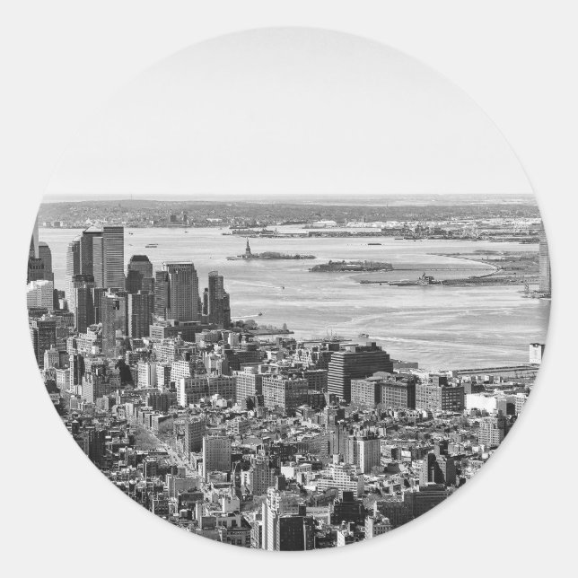 Black White New York City Skyline Classic Round Sticker (Front)
