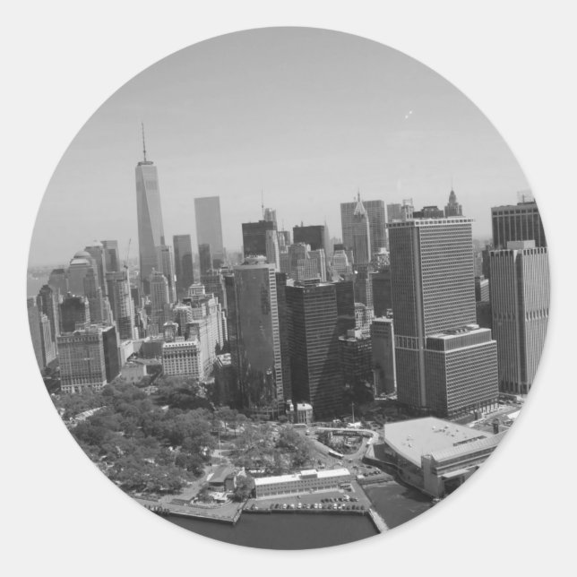 Black White New York City Skyline Classic Round Sticker (Front)