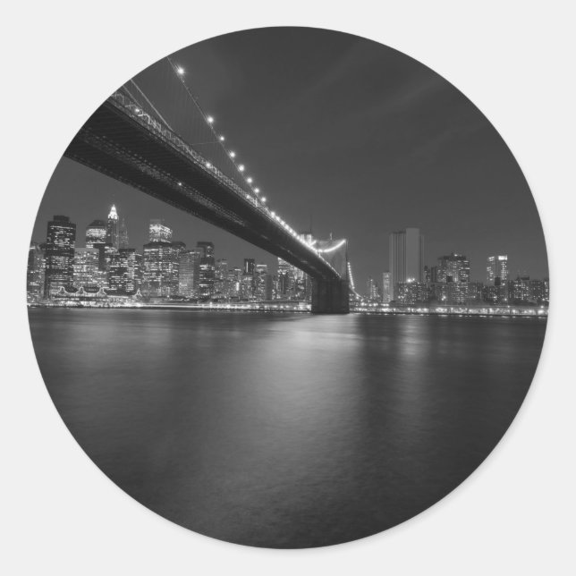 Black White New York City Skyline Classic Round Sticker (Front)