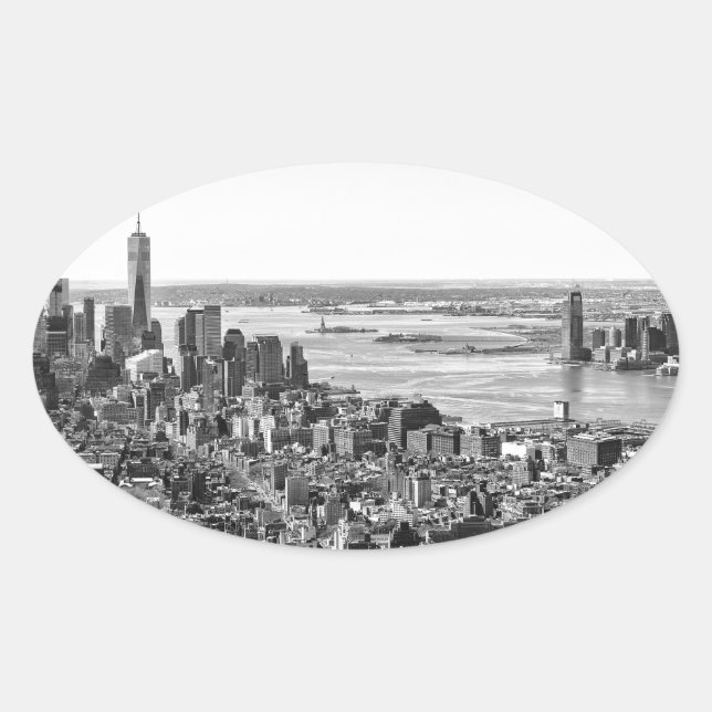 Black White New York City Skyline Oval Sticker (Front)