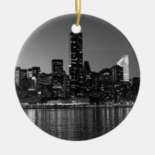 Black White New York City Skyscapers Silhouette Ceramic Tree Decoration