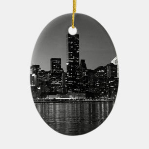 Black White New York City Skyscapers Silhouette Ceramic Tree Decoration