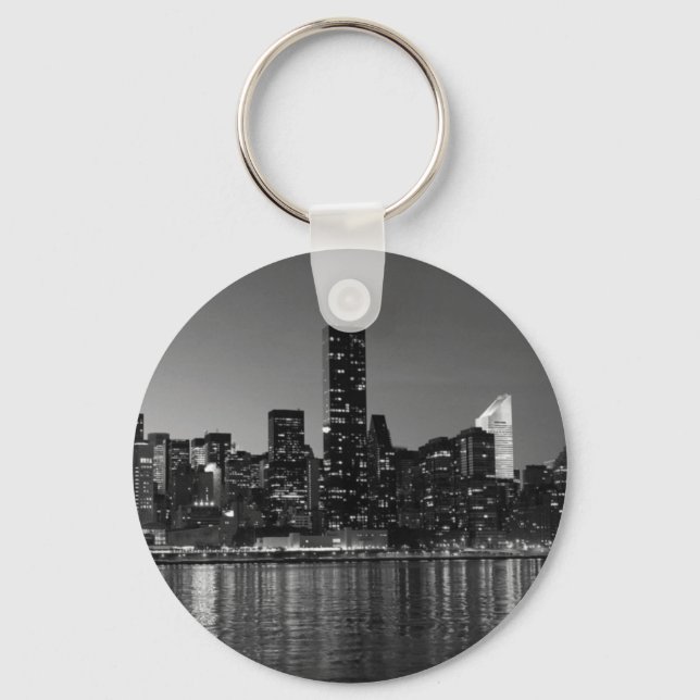 Black White New York City Skyscapers Silhouette Key Ring (Front)